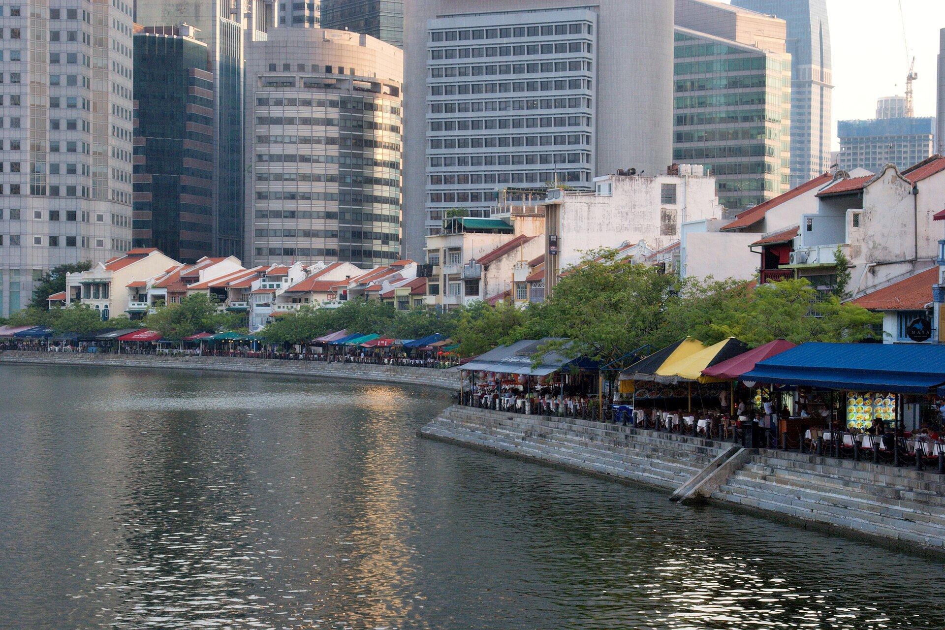 Shophouses and office towers along Boat Quay on the Singapore River